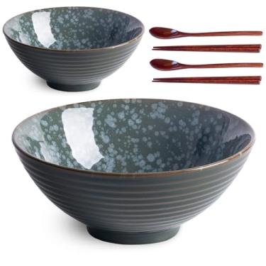 Imagem de Auanlay Conjunto de 2 tigelas de ramen de cerâmica de 20 cm com colheres e pauzinhos para sopa de macarrão Pho, mancha de jade