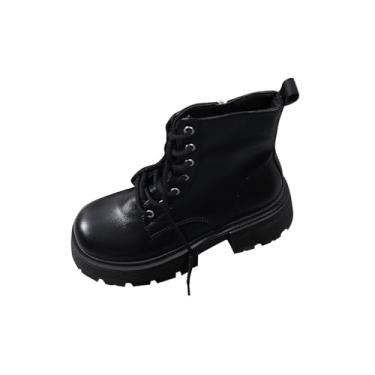 Imagem de Botas femininas casuais e versáteis, cor sólida, bico redondo, parte inferior grossa, moderna, estilo outono e inverno, salto grosso, cano curto, para visual retrô, Preto, 38