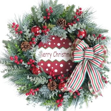 Imagem de TEMPUS Guirlanda de Natal com bolas de frutas vermelhas, pinhas e laço de fita – Guirlanda de inverno com agulha de pinheiro fosco, placa de madeira de feliz Natal para decoração na porta da frente