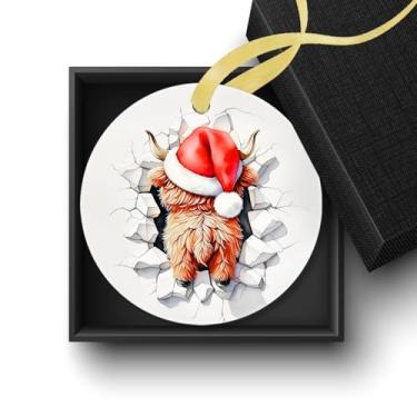 Imagem de Welshower Enfeites engraçados de vaca Highland de Natal, decorações de Natal de vaca Highland, chapéu de Papai Noel fofo novilha fofa de Natal ornamentos decorativos de cerâmica para pendurar