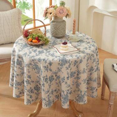 Imagem de Wijiwevol Toalha de mesa floral redonda - toalha de mesa de linho lavável - design vintage azul para refeições internas e externas, piquenique, decoração de restaurante