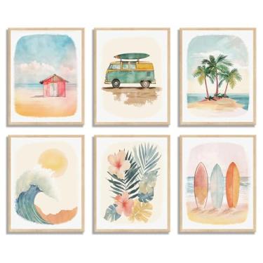 Imagem de ZUGHRERF 6 peças de arte de parede de berçário de praia litoral verão surfe pôster aquarela impressão tema oceano pintura impressão palmeiras surfe impressões para crianças decoração de quarto de