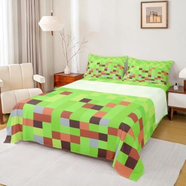 Imagem de Manfei Jogo de lençol solteiro Pixelated Blocks, mineiros, videogame, para crianças, adolescentes, geométrico, com 1 lençol de cima e 1 lençol com elástico e 1 fronha