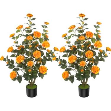 Imagem de HanJoy Camélias artificiais com 36 flores em vasos de cimento – árvores falsas realistas para varanda, casa, decoração de primavera interna ao ar livre, escritório ou presentes de inauguração de casa