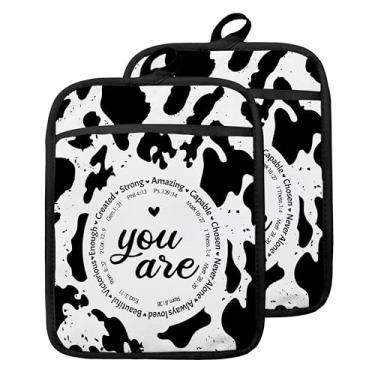 Imagem de GOOZHO Porta-panelas cristãs com bolsos com estampa de vaca, presentes cristãos para mulheres, você é inspirador em versículo da Bíblia, suportes de forno, luvas de forno resistentes ao calor