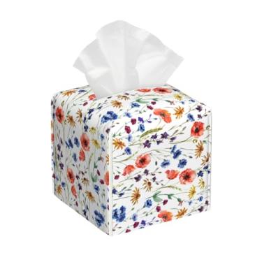 Imagem de Suporte de capa de caixa de lenços de PVC, organizador decorativo quadrado de flores em aquarela, 12 x 12 x 5,5 cm, estojo de lenços para banheiro, mesa, carro, escritório