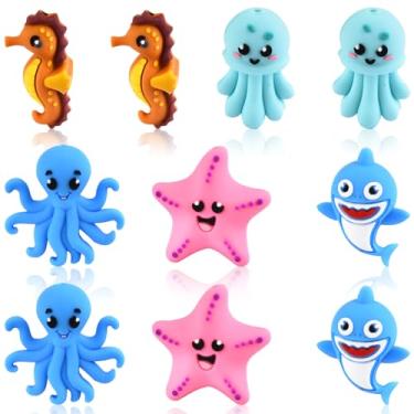 Imagem de WOZADU 10 peças de contas focais de silicone com tema animal oceânico 3D para canetas, contas de silicone a granel para fabricação de chaveiros, pulseiras, colares, suprimentos artesanais