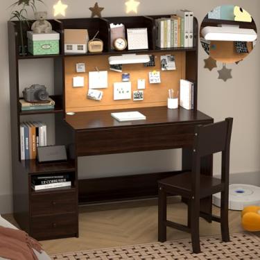 Imagem de RUPOLX Wooden Espresso Kids Study Desk and Chair Set with Light, 4 Drawers and Storage Cabinets, Children Desk with 4 Open Hutch and Shelves, Girls Study Desk for Kids Bedroom-003