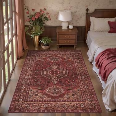 Imagem de Tangsoo Tapetes laváveis de 7,5 x 12,5 cm, tapete vintage antiderrapante, tapete vermelho escuro envelhecido, tapete macio de pelo baixo para sala de estar, sala de jantar, quarto, cabeceira, entrada