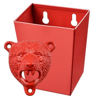 Imagem de Jumiok Abridor de garrafa com cabeça de urso vermelho para montagem na parede, abridor de cerveja de ferro fundido com tampa, dentes pardos para mesa de poste