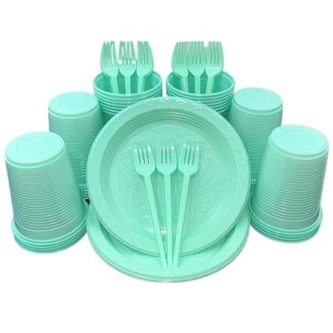 Imagem de Kit 300 Itens Festa Aniversário Descartáveis Plástico Colorido Perolado 100 Pessoas Completo Pratinho Garfinhos Copos (Verde Candy)