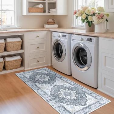 Imagem de RELEANY Tapetes de área 6 x 1,8 m lavável, antiderrapante, estampa floral, vintage, tapete medalhão para sala de estar, quarto, sala de jantar, cinza claro, cinza e branco