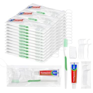 Imagem de HAIFOTRVA Conjunto de 50 escovas de dentes descartáveis com pasta de dente, 5 em 1, conjuntos de artigos de higiene pessoal para viagem, escovas de dentes a granel com pasta de dente e fio dental