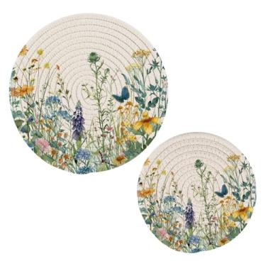 Imagem de Blueangle 2 peças de suporte de panela de tripé de flores silvestres com borboletas - conjunto de pegadores de panela de tecido redondo - almofadas quentes trançadas de algodão - porta-copos - tapetes