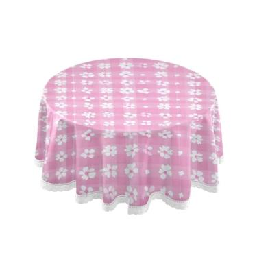 Imagem de SEHANY Toalha de mesa redonda com flores xadrez rosa 152 cm, tecido lavável sem rugas, toalha de mesa redonda com renda decorativa para restaurante, casamento, acampamento, festa Fiesta Cinco de Mayo