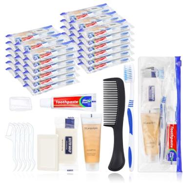 Imagem de SLequipo Pacote com 5 kits de higiene, kit de higiene a granel, embalado individualmente, kit de higiene de viagem com escova de dentes, pasta de dentes, pente, xampu, sabão e palhetas de fio dental,