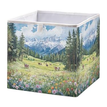 Imagem de SEHANY Caixa de armazenamento dobrável Green Mountains, organizador de tecido grande, dobrável, para roupas, brinquedos, livros, armário, berçário, 28 x 28 x 28 cm