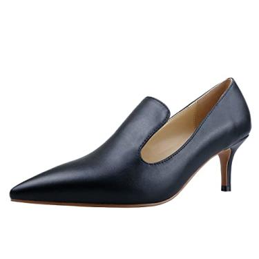 Imagem de LEMUTISME Sapato mocassim feminino elegante bico fino 5 cm confortável sem cadarço salto baixo para trabalho, escritório, negócios, Preto fosco, 38