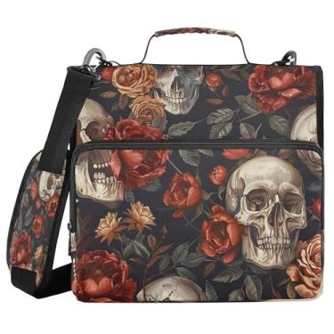 Imagem de SEHANY Fichário com zíper de caveira e flor com alça de ombro, capacidade para 500 folhas, vários bolsos, fichário com 3 anéis e zíper de 3 anéis