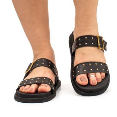 Imagem de Sandália Brilho Flat Feminina Papete Plataforma Enfeite Metálico Casua