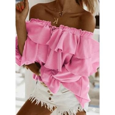 Imagem de Blusa Ciganinha Feminina Rosa com Babados  Ombro a Ombro Elegante e Ro