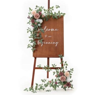 Imagem de Ling's moment 2 peças de guirlanda de flores de casamento, decorações de arco florais, arranjos de vegetação, rosa empoeirada, malva, cerimônia, recepção, jardim, cavalete de parede, entrada e placa