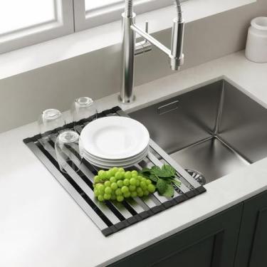 Imagem de Meowoo Escorredor de louça retangular, escorredor de pratos de 39,9 cm x 33 cm, base de silicone antiderrapante, escorredor de aço inoxidável para trailers e pia de cozinha pequena, preto