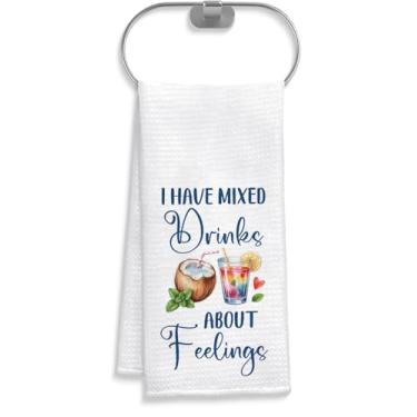 Imagem de Toalha I Have Mixed Drinks About Feelings - Presente engraçado de toalha de chá de verão para amantes de verão - Humor sarcástico - Beber e cozinhar - Presente de inauguração de casa - Toalhas de