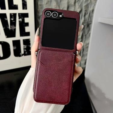 Imagem de Capa de luxo com compartimento para cartões e carteira para Samsung Galaxy Z Flip 7 6 5 4 3 5g Zflip7, capa lisa em couro (para Galaxy Z Flip 6/Vermelho Vinho)