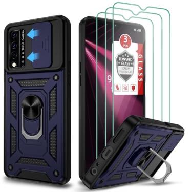 Imagem de Capa T-Mobile Revvl V+ 5G, capa Revvl V+ 5G com [3X protetor de tela de vidro temperado], suporte de anel integrado e suporte magnético para carro à prova de choque à prova de quedas para TCL REVVL V+ 5G - Klein Blue