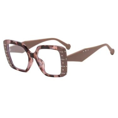 Imagem de Armação de óculos feminina da moda, com lentes transparentes e rebites, estilo vintage (BrownFlower)