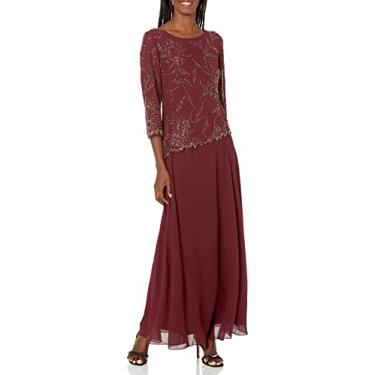 Imagem de J Kara Vestido longo feminino plus size com gola redonda e manga 3/4 com contas, Cranberry Multi, 50