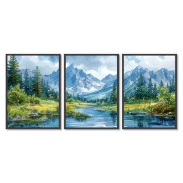 Imagem de Impressão em tela de montanha em aquarela com cenário do Colorado - pôster de floresta do lago arte de parede de paisagem moderna para sala de estar quarto decoração de escritório (SKU3-3PCS, 20,3 x