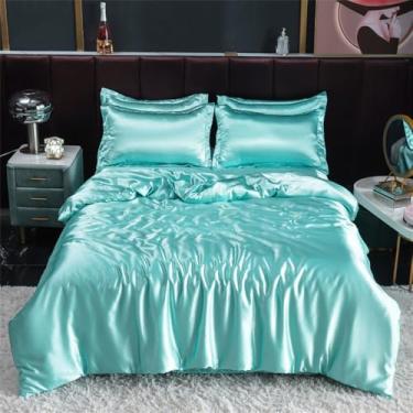 Imagem de XLCZMYL Jogo de cama de seda de cetim com capa de edredom, fronhas de cama de casal sólido solteiro, lençol de cama, azul água, capa de colcha individual 150 x 200