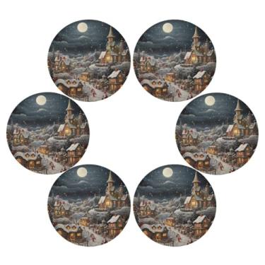 Imagem de Wassud Jogo americano conjunto de 6 tapetes redondos de véspera de Natal para cozinha e jantar, tapetes laváveis e resistentes ao calor, decoração de mesa 39 cm