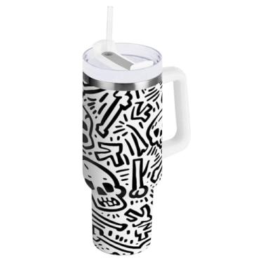 Imagem de Kigai Copo de caveira fofo de 850 g com tampa e canudo, à prova de vazamento, durável, copo isolado de aço inoxidável com alça, garrafas de água à prova de derramamento para viagens