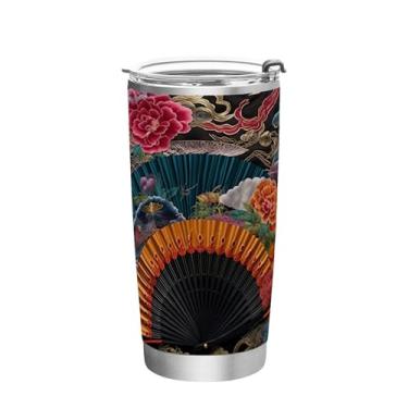 Imagem de Wassud Ventoinha com padrões coloridos 590 ml copo com tampa e canudo, aço inoxidável parede dupla copo isolado copo de viagem caneca de café para bebidas frias e quentes