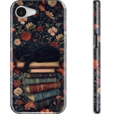 Imagem de LUMARKE Capa fofa para iPhone 16e - Compatível com carregamento sem fio - Silicone macio de camada dupla + capa rígida - Design floral moderno - Capa de telefone brilhante para mulheres - Gato preto e