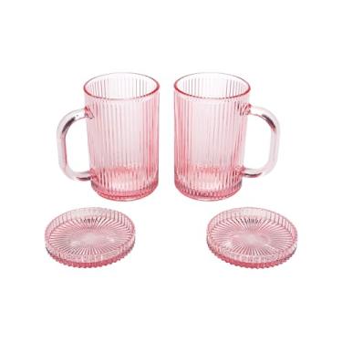 Imagem de Paris Hilton Conjunto de canecas de vidro com nervuras com tampa/porta-copos de uso duplo, vidro canelado elegante, perfeito para café, chá ou qualquer bebida, conjunto de 2, 382 g, rosa