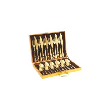 Imagem de Conjunto de Talheres 24 Peças em Inox com Maleta Dourada, Acabamento Espelhado, Resistente à Corrosão, Inclui Facas, Garfos, Colheres de Mesa e Sobremesa