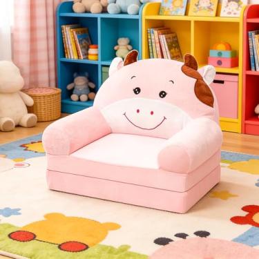 Imagem de Cadeira dobrável para sofá infantil confortável com enchimento de espuma, poltrona de leitura infantil, sofá conversível para relaxar para crianças de 1 a 4 anos (vaca rosa)