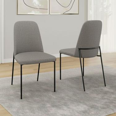 Imagem de Kit 02 Cadeiras Sala De Jantar Lior Com Encosto Estofado Base Preta Linho Cinza - Desk Design