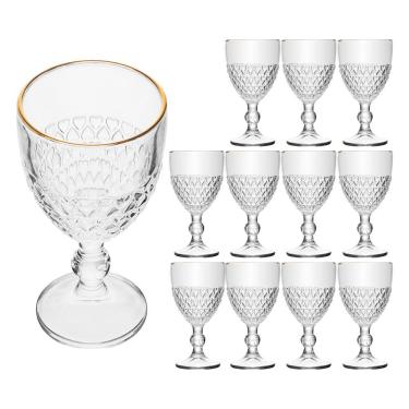 Imagem de Jogo 12 Taça Com Borda Dourada Coração Vidro Cor Transparente Fio De Ouro Para água 320ml Lyor