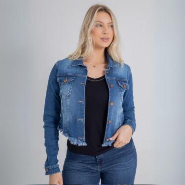 Imagem de Jaqueta Feminina Cropped Jeans Barra Assimétrica Manga Longa Botão Bolso Frontal Lycra Elastano-Feminino