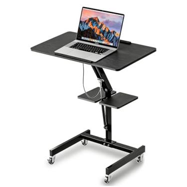 Imagem de FULOOPHI Mesa móvel de pé com rodas, mesa de laptop ajustável em altura, estação de trabalho ergonômica portátil de 70 cm com rodízios de travamento e parte superior inclinada, preta