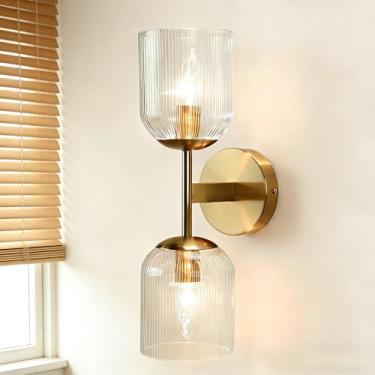 Imagem de Aplique De Parede Moderno Com Cúpula De Vidro Duplo Canelado E Base De Latão Antigo, Luminária De Banheiro Com Vidro Transparente Canelado, Luminária De Parede Minimalista Acima/Ao Lado Do E