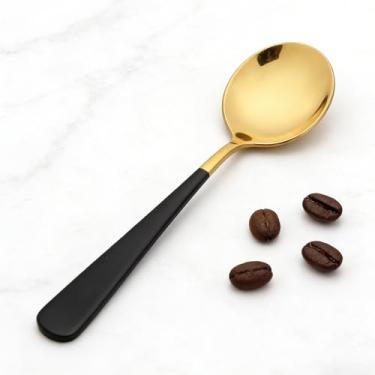 Imagem de Colher de sobremesa dourada de aço inoxidável de 15 cm com alça preta redonda colher de sorvete colher de sobremesa para casa, cozinha, restaurante, preto