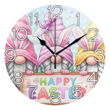 Imagem de Relógio de parede analógico decorativo operado por bateria silencioso para quarto e cozinha, decoração de parede moderna para sala de estar, coelhinho colorido dos gnomos da Páscoa, 25 cm, ponteiros
