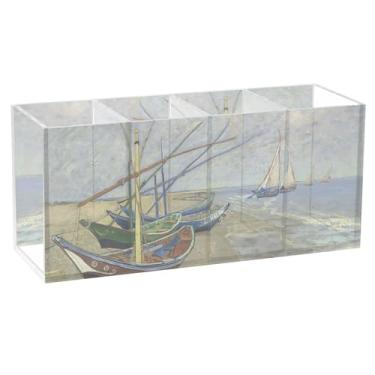 Imagem de TSENQUE Lindo suporte de caneta para arte de mesa, barcos de pesca, praia, acrílico, pincel de maquiagem, porta-copos, organizador de escritório personalizado para decoração de mesa