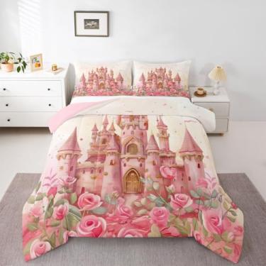 Imagem de jejeloiu Conjunto de edredom de princesa, tamanho casal, fofo, castelo rosa, para quarto de crianças, meninos, meninas, decoração kawaii, bege, rosa, microfibra ultramacia e respirável